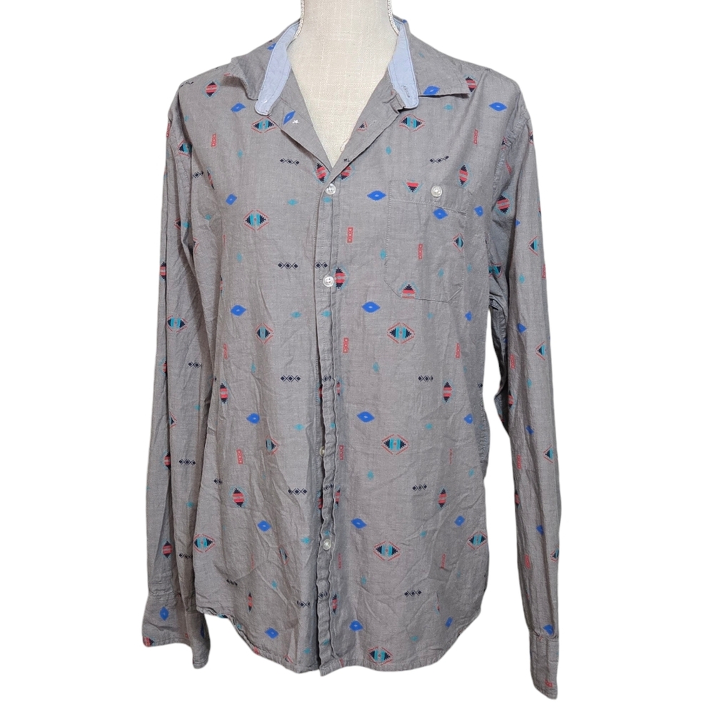Carbon Slim Fit Casual Button Down Shirt Size L Geometric Print Gray